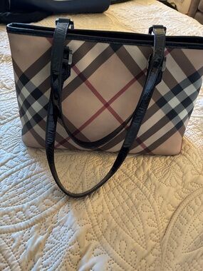 Burberry Beige Check Messenger Bag and wallet with Black Patent Trim